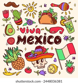 Viva Mexico icons set. Square color celebration background. Banner and social media post for Mexican federal holiday Cinco de Mayo. Mexican heritage and culture. Doodle vector illustration