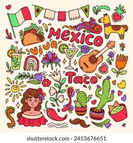 Viva Mexico icons set. Square color celebration background. Banner and social media post for Mexican federal holiday Cinco de Mayo. Mexican heritage and culture. Doodle vector illustration