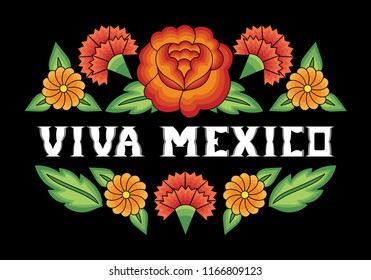 Viva Mexico, illustration typography vector. Traditional flower embroidery ornament pattern frame. Background design for fiesta banner, mexican party invitation, travel poster, independence day card.