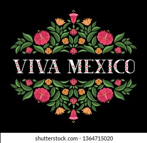 Viva Mexico illustration vector. Floral background with flowers pattern from traditional Mexican embroidery ornament for cinco de mayo or day of the dead party design.