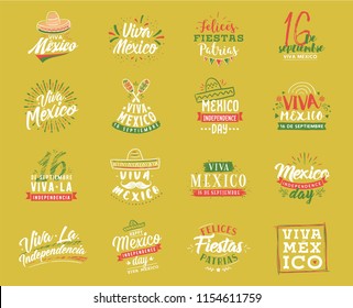 Viva Mexico. Mexico independence day. 16 september. Vector typography set.