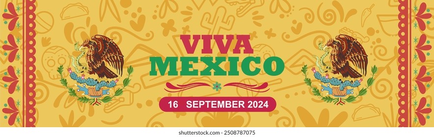 Viva Mexico Independence Day 16 september 2024 banner illustration design with national symbol and Mexican pattern background. Translation : Long Live Mexico