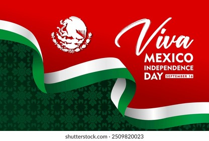 Viva México Día de la Independencia 16 de septiembre de 2024 Diseño de ilustración de Anuncio con siluetas de símbolos nacionales, cintas onduladas y patrones decorativos típicos. Fondo de patrones mexicanos.