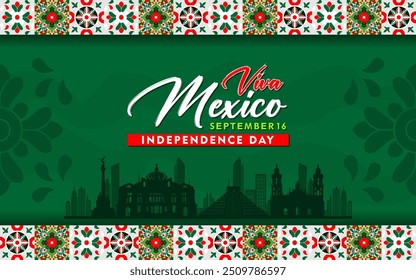 Viva o Dia da Independência do México. Banner comemorativo do dia da Independência do México, 16 de setembro, com ornamentos típicos e famosos marcos. día de la independencia méxico background.