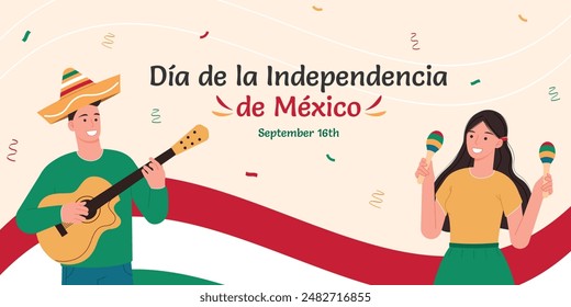 Viva Mexico! Independence Day banner with a festive flat-style background featuring a girl, a guy in a sombrero, and a national flag. Vector illustration of a couple playing guitar and maracas.