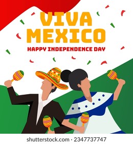 viva Mexico, independence day illustration with two people dancing and holding maracas