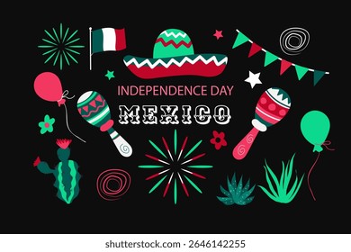 Viva o México. Dia da Independência definir elementos. Dia de la Independencia ou Independence México. Ilustração vetorial