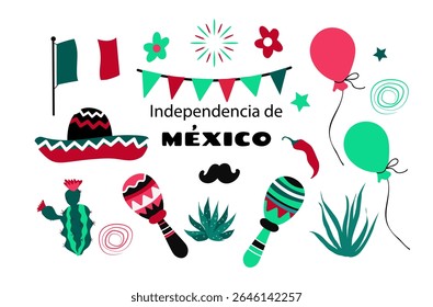 Viva o México. Dia da Independência definir elementos. Dia de la Independencia ou Independence México. Ilustração vetorial