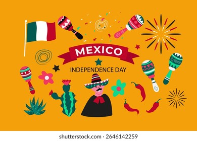 Viva o México. Dia da Independência definir elementos. Dia de la Independencia ou Independence México. Ilustração vetorial