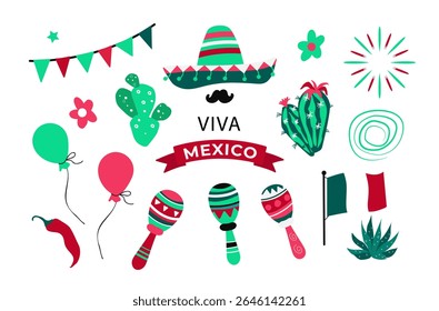 Viva o México. Dia da Independência definir elementos. Dia de la Independencia ou Independence México. Ilustração vetorial
