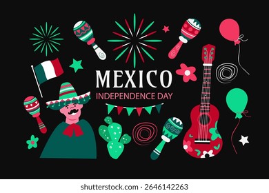 Viva o México. Dia da Independência definir elementos. Dia de la Independencia ou Independence México. Ilustração vetorial