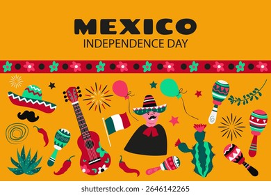 Viva o México. Dia da Independência definir elementos. Dia de la Independencia ou Independence México. Ilustração vetorial