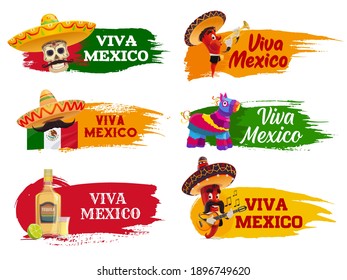 Viva Mexico isolated icons with chilli pepper musician characters, Mexican sombrero and pinata, Mexico flag, tequila, mariachi moustache and guitar. Mexican holiday and fiesta party greeting card