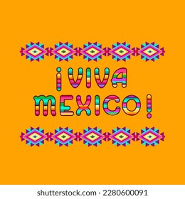 Viva Mexico, lettering. Bright cartoon letters and colorful bright ethnic ornament isolated on orange background. Modern folk Otomi pattern. Day of the Dead. Cinco de Mayo. Flat-style vector.