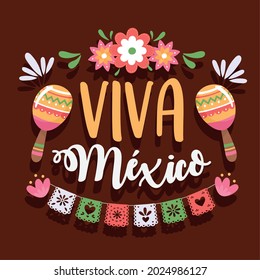 viva mexico lettering with flowers and bunting