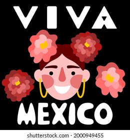 Viva Mexico lettering with happy woman and flowers vector illustration. Funny cartoon Mexican with flowers in hair and white words isolated on black. Simple square print for t-shirts, cards and more