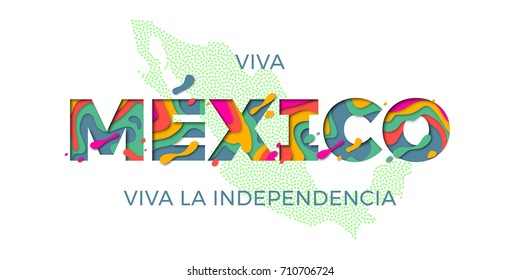 Viva Mexico lettering for Mexico Independence day in red and green national flag color and Mexican map. Vector modern paper cut multi layers effect text for celebration design.