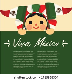 Viva Mexico (Long Live Mexico in English) Patriotic Mexican Traditional RagDoll – Vector Illustration – Copy Space