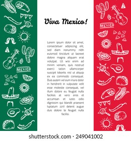 Viva Mexico! Mexican background with hand drawn symbols, vertical seamless borders.