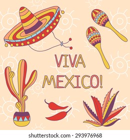 Viva Mexico! Mexican Background With Hand Drawn Symbols