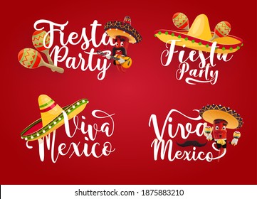 Viva Mexico and Mexican fiesta party vector icons. Red chilli pepper cartoon characters with sombrero hats, maracas and mariachi guitar, moustaches and jalapenos, Mexican holiday greeting card design