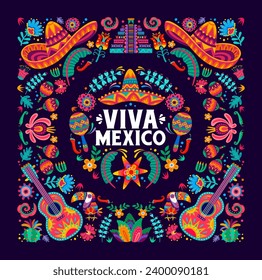 Viva Mexico Mexican independence day banner. Vector alebrije style background capturing vibrant essence of latin culture. Tropical flowers, sombrero and maracas, pinata, toucan birds, guitars, pyramid