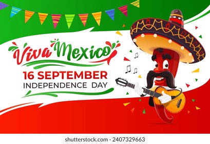 Viva México, banner del Día de la Independencia Nacional Mexicana con guitarra picante rojo jalapeno mariachi personaje. Únete a la fiesta de la libertad, la cultura y el orgullo en este histórico día del 16 de septiembre