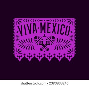 Viva mexico mexican paper cut holiday flag with maracas and floral print, garland element with bunting. Vector banner for Cinco de Mayo holiday