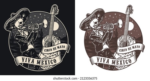 Viva Mexico monochrome vintage emblem with dead musician in sombrero and charro outfit playing trumpet, painted guitar with ribbon and inscription, vector illustration