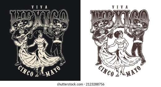 Viva Mexico monochrome Vintage-Label mit Tanzfrau, Skelettmusiker in Charro-Outfits spielen Gitarre und Maracas, Vektorgrafik