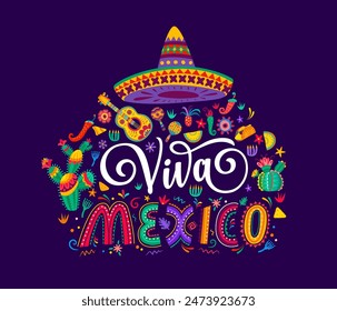 Viva Mexico, National Independence day banner with sombrero hat, guitar and maracas, vector ethnic background. Mexican holiday fiesta with chili peppers, cactus and burrito in floral ornament