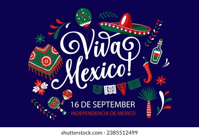 Viva Mexico, national Mexican independence day. Vector banner with sombrero, poncho, jalapeno pepper, tequila, balloon, palm tree and maracas. Greeting card for festival of traditional Mexico holiday