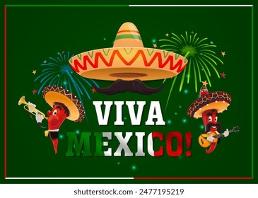 Viva Mexico, national Mexican Independence Day banner with fireworks, chili peppers and flag, vector background. Mexican holiday or national day fiesta, funny peppers mariachi with guitar and trumpet