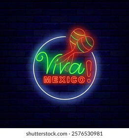 Viva Mexico neon label. Mexican traditional holiday. Independence day. Vector stock illustration