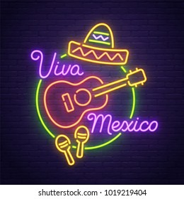 Viva Mexico neon sign, bright signboard, light banner. Mexico logo, emblem. Cinco de mayo label.