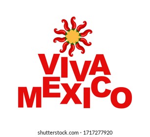 Viva Mexico on a white background. Logo. Sun, chili pepper, text. Vector illustration.