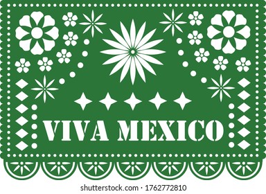 Viva Mexico papel picado with flowers and decoration. Green Mexican cut out paper folk art.