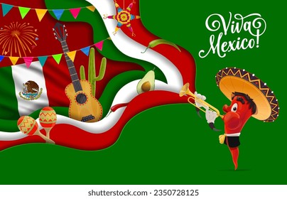 Viva mexico paper cut banner with national flag color and mariachi pepper character. Vector background with guitar, cactus, garland and avocado. Pinata, jalapeno and avocado mexican culture symbols