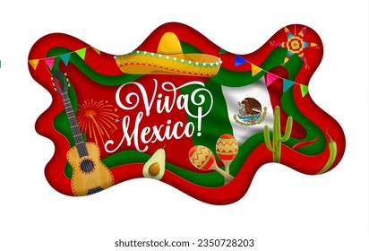 Banner de corte de papel vivo mexico con bandera nacional mexicana, sombrero mexicano e instrumentos musicales. Marco ondulado vectorial 3d con símbolos latinoamericanos tradicionales, aguacate, guitarra, maracas, cactus, pinata