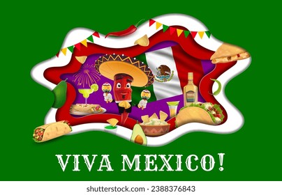 Viva mexico paper cut banner with Tex Mex cuisine, chili character and national mexican flag. Mexican food party 3d vector banner with mariachi chili personage, burrito, taco and guacamole meals