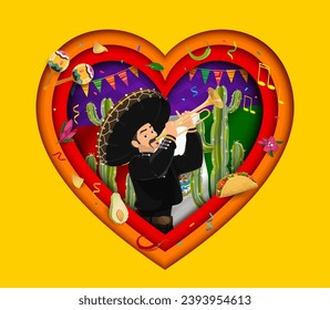 Viva Mexico paper cut banner with mariachi musician, national cuisine and flag. Vector mexican holiday 3d heart frame with papercut layered borders, mariachi character, trumpet, maracas and cactus