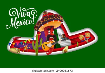 Viva mexico paper cut banner with mexican sombrero and chili pepper musician. Independence day greeting. 3d vector papercut card with cartoon red hot mustached jalapeno mariachi artist play guitar