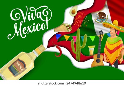 Viva Mexico paper cut banner with vector national flag and mexican holiday symbols. Cartoon mariachi musician character, guitar, sombrero and cactus, tequila, avocado, taco, chili in 3d papercut frame