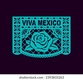 Viva México papel cortado bandera papel papel picado. Banda vectorial floral con flor de rosa, decoración de Dia de Muertos con banner de corte de papel, decoración mexicana