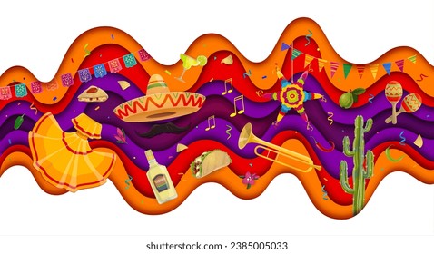 Viva Mexico paper cut waves with mexican sombrero, musical instruments, national costume and cuisine. Mexican holiday banner with vector 3d layered papercut borders, pinata, cactus, papel picado flags