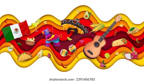 Viva México el papel cortó las olas. Guitarra y sombrero mexicanos, pinata y cocina nacional pancarta vectorial con bordes de papel trenzado 3d, maracas de vacaciones, bandera, tex mex taco, burrito y chile