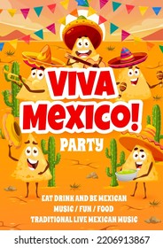 Viva Mexico party flyer with Mexican nachos chips characters, vector background. Latin holiday fiesta and music party poster with mariachi cartoon nachos in sombreros with guitar, maraca and guacamole