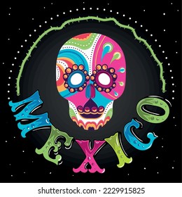 Viva mexico poster with colored skull Vector illustration