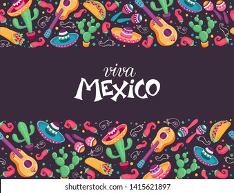 Viva Mexico poster in horizontal composition. Mexican culture symbols collection. Guitar, sombrero, maracas, cactus and jalapeno on chalkboard.