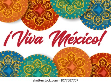 Viva Mexico poster. Mexican sombrero. Design for Mexican holiday 5 may Cinco De Mayo. Vector template with traditional Mexican symbols